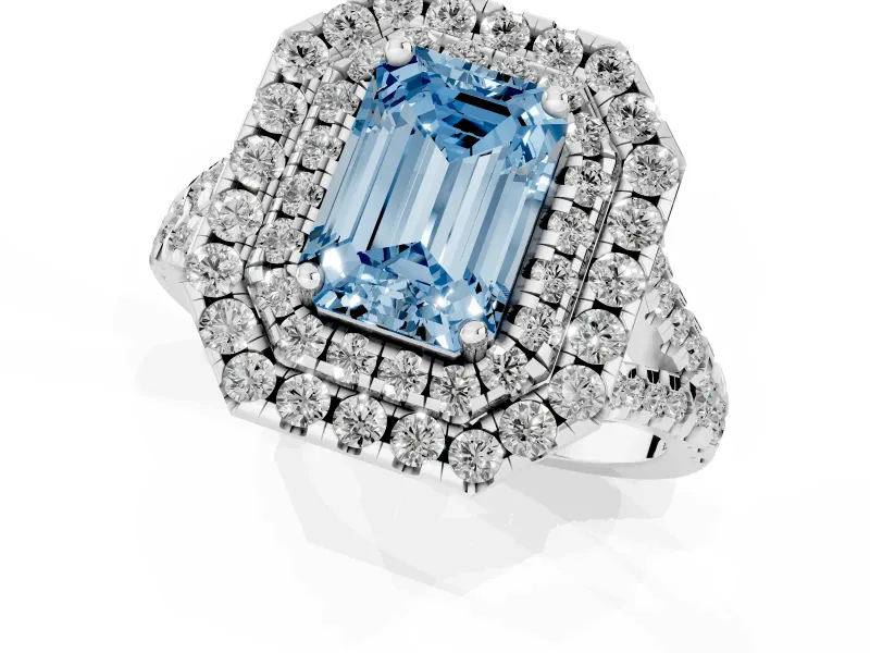 Emerald Cut Halo Split Shank Engagement Ring Setting for a Fancy Blue Lab-Grown Diamond | Pavé Strands | Platinum