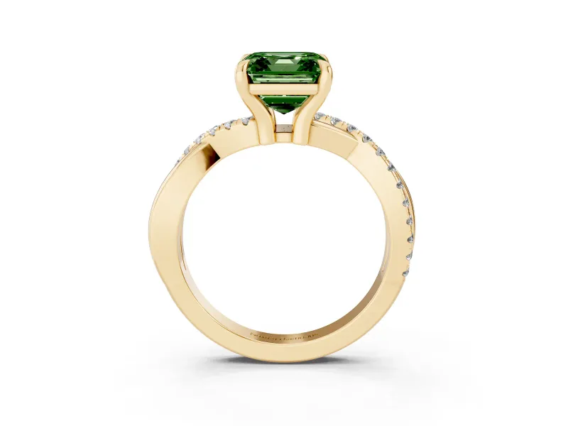 Fancy Green Asscher Cut Diamond Twist Band Solitaire Set in Yellow gold with Pavé Accents and Prong Setting