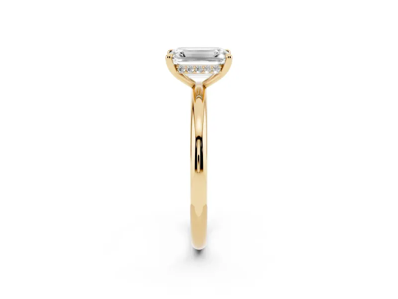 Emerald Cut Hidden Halo Engagement Ring Setting | Thin Plain Band | Yellow Gold