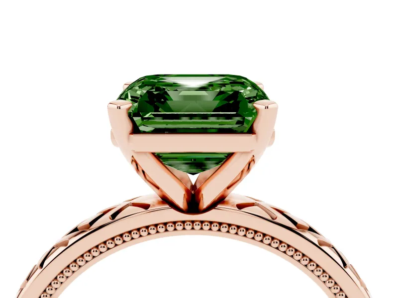 Fancy Green Asscher Cut Diamond Solitaire Ring Set in Rose gold with Milgrain and Black Enamel X Pattern Band