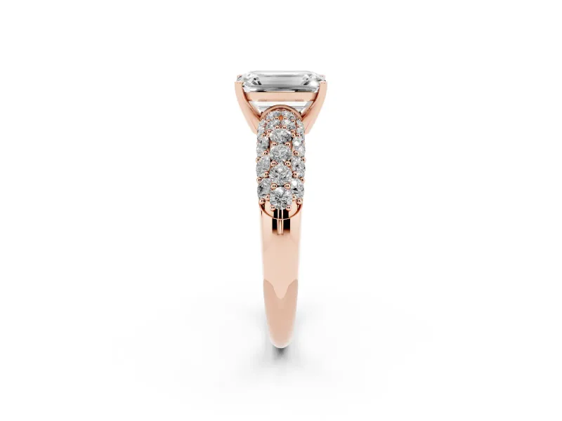 Emerald Cut Multi Row Pave Solitaire Engagement Ring Setting | Domed Shoulders | Rose Gold