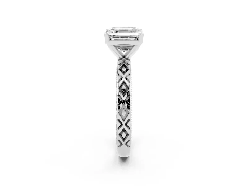 Asscher Cut Diamond Solitaire Ring Set in Silver with Milgrain and Black Enamel X Pattern Band