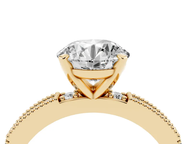 Round Cut Diamond Solitaire Ring Set in Yellow gold with Slim Pavé Band and Prong Setting