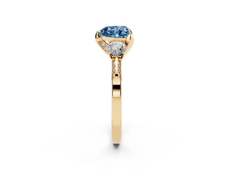 Heart-Shaped Hidden Halo Three Stone Engagement Ring Setting for a Fancy Blue Lab-Grown Diamond | Yellow Gold