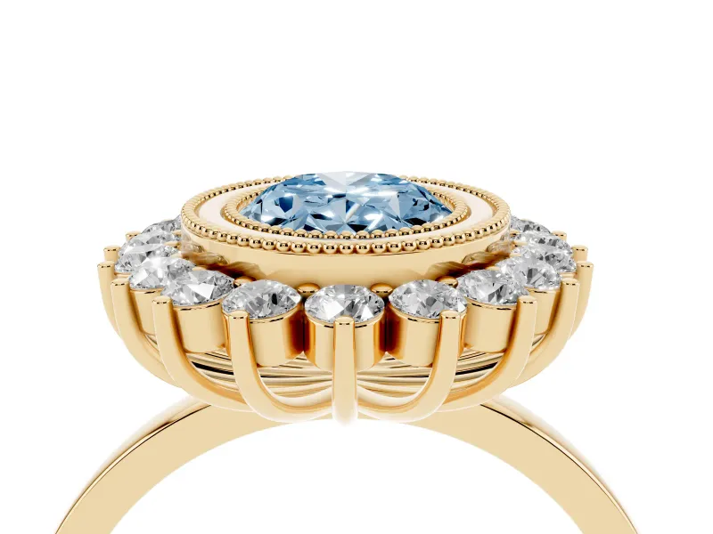 Fancy Blue Oval Cut Diamond Halo Ring Set in Yellow gold with Milgrain Edge and Round Prong Setting
