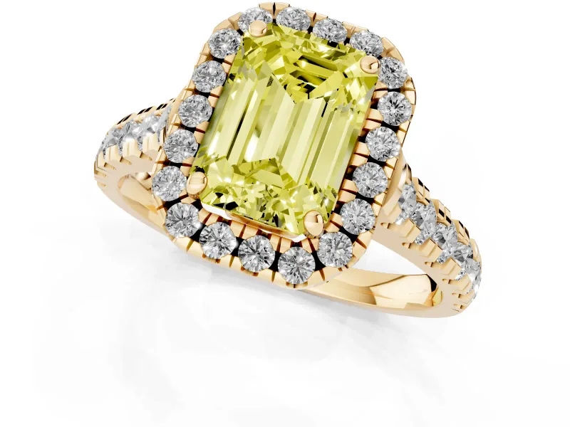 Emerald Cut Accented Halo Engagement Ring Setting for a Fancy Yellow Lab-Grown Diamond | Yellow Gold