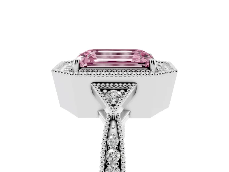 Fancy Pink Emerald Cut Diamond Halo Engagement Ring Set in White gold with Milgrain Pavé Band