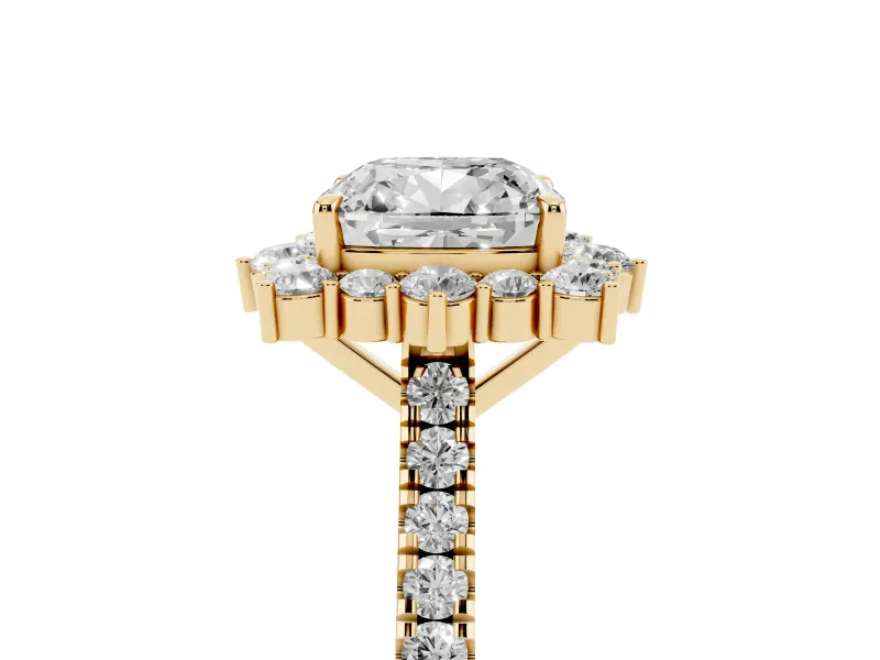 Cushion Cut Scalloped Halo Engagement Ring Setting | Single Row Pave | Yellow Gold