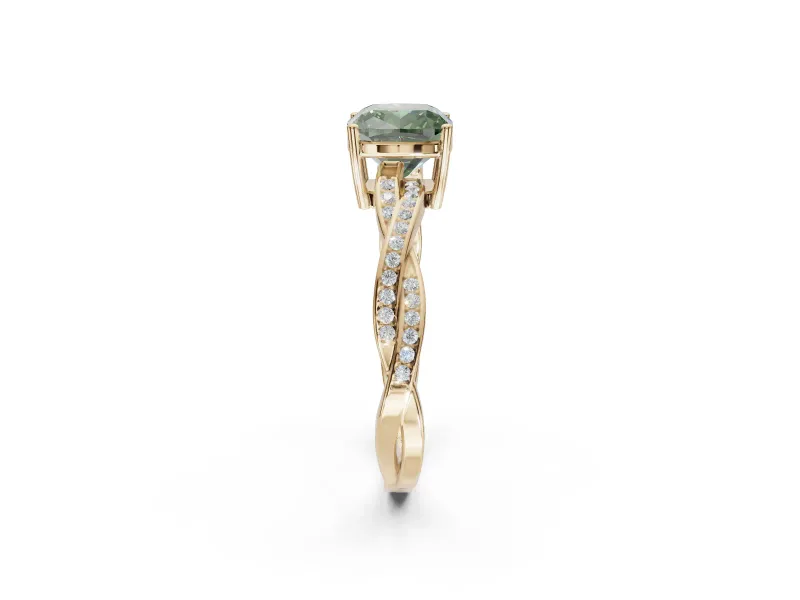 Cushion Cut Twisted Pavé Solitaire Engagement Ring Setting for a Fancy Green Lab-Grown Diamond | Yellow Gold