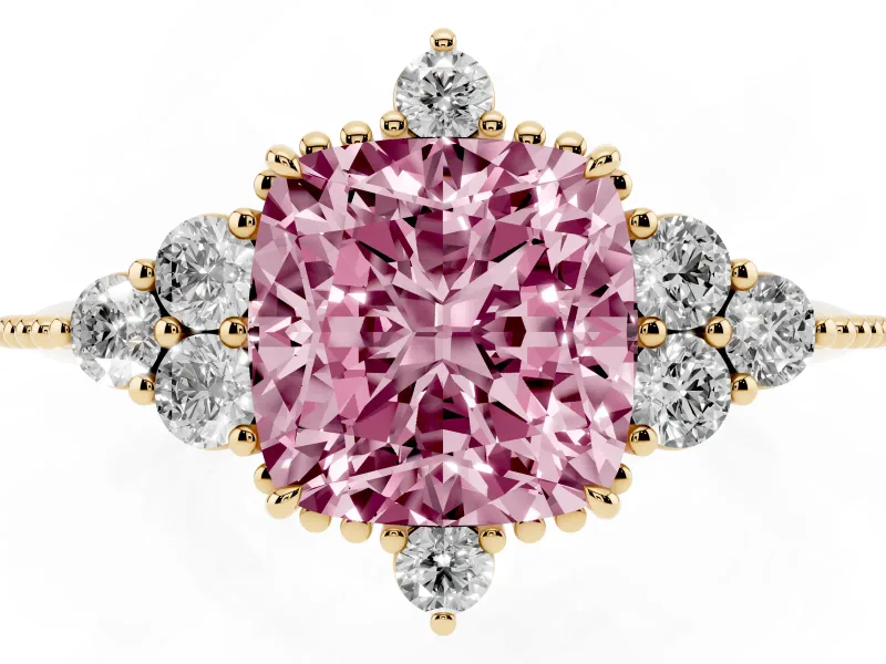 Cushion Cut Cluster Engagement Ring Setting for a Fancy Pink Lab-Grown Diamond | Yellow Gold