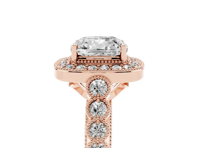 Cushion Cut Milgrain Halo Engagement Ring Setting | Graduated Bezel Accents | Rose Gold
