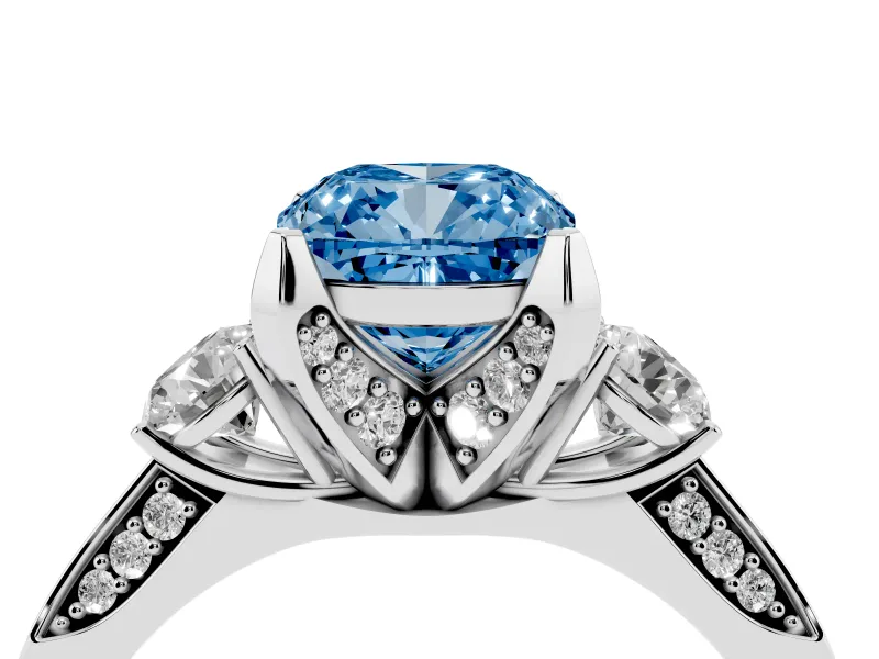 Cushion Cut Hidden Halo Three Stone Engagement Ring Setting for a Fancy Blue Lab-Grown Diamond | Sterling Silver