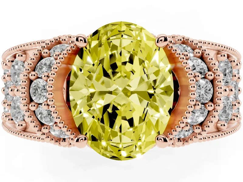 Oval Vintage Milgrain Pave Engagement Ring Setting for a Fancy Yellow Lab-Grown Diamond | Crescent Side Rows | Rose Gold