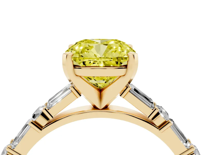 Fancy Yellow Cushion Cut Diamond Solitaire Set in Yellow gold with Side Baguettes and Channel Set Band