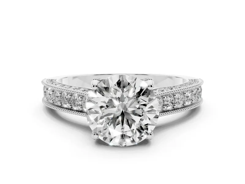 Round Cut Diamond Solitaire Ring Set in White gold with Milgrain-Edged Pavé Band and Prong Setting