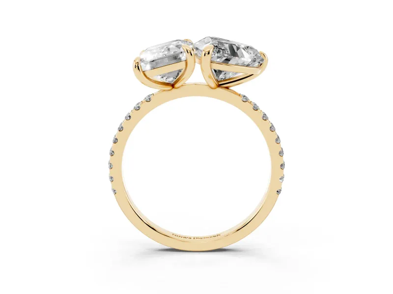 Emerald Cut and Heart-Shaped Lab-Grown Diamond Toi et Moi Engagement Ring | Pavé Band | Yellow Gold