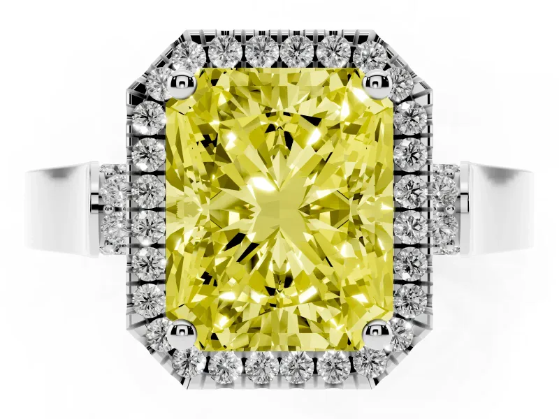 Radiant Cut Halo Engagement Ring Setting for a Fancy Yellow Lab-Grown Diamond | Pavé Panel Shoulders | White Gold