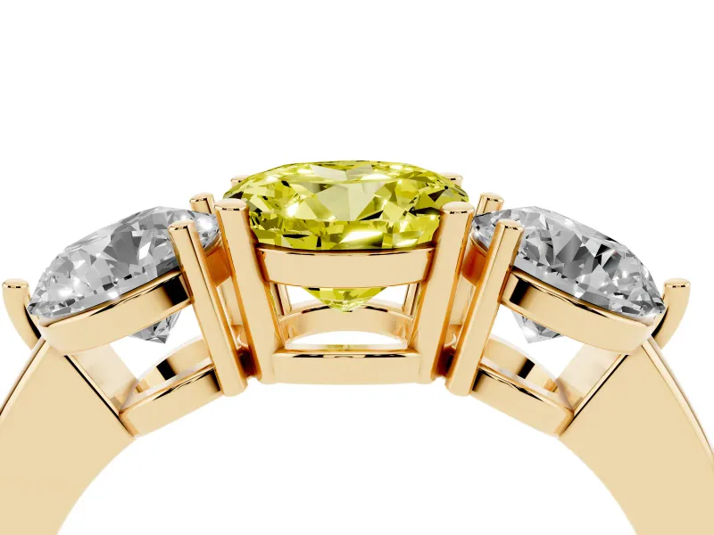 Round Three Stone Engagement Ring Setting for a Fancy Yellow Lab-Grown Diamond | Large Round Side Stones | Yellow Gold