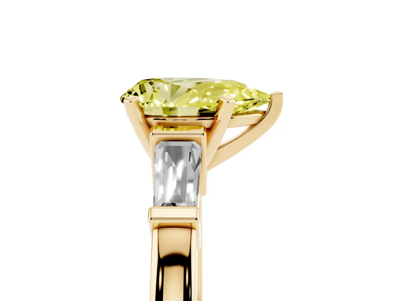 Pear-Shaped Three-Stone Engagement Ring Setting for a Fancy Yellow Lab-Grown Diamond | Tapered Baguettes | Yellow Gold