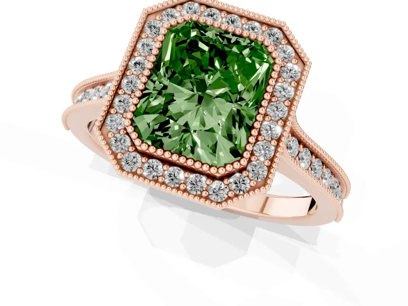 Radiant Cut Vintage Milgrain Halo Engagement Ring Setting for a Fancy Green Lab-Grown Diamond | Bezel Head | Rose Gold