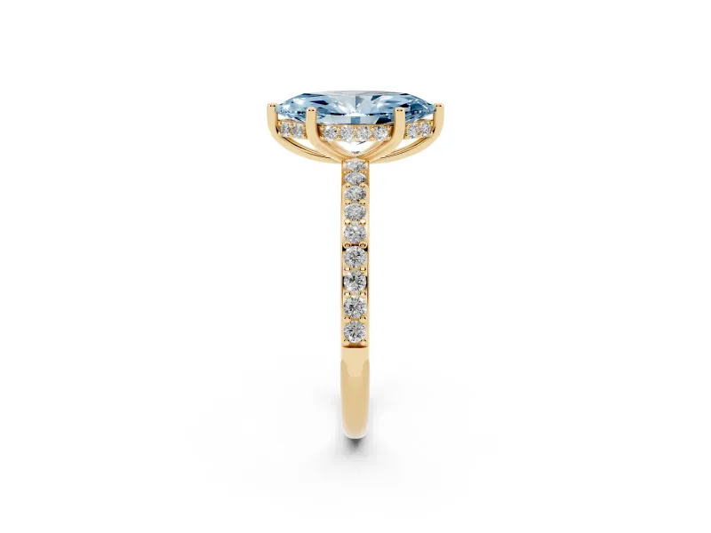 Fancy Blue Marquise Cut Diamond Pavé Band Ring Set in Yellow gold with Prong-Set Center Stone
