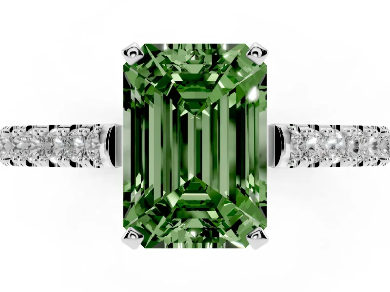 Fancy Green Emerald Cut Diamond Solitaire Engagement Ring Set in Silver with Delicate Pavé Band and Prong Setting