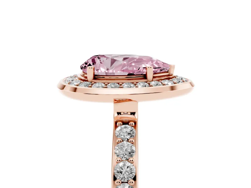 Fancy Pink Pear Cut Diamond Halo Ring Set in Rose gold with Bezel Frame and Pavé Band