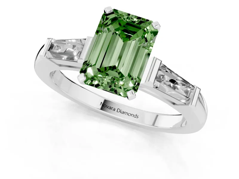 Emerald Cut Three Stone Engagement Ring Setting for a Fancy Green Lab-Grown Diamond | Tapered Baguettes | Platinum