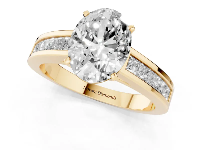 Oval Channel Set Engagement Ring Setting | Princess Cut Accents | Yellow Gold