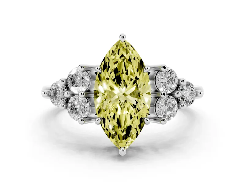 Fancy Yellow Marquise Cut Diamond Solitaire Ring Set in Platinum with Cluster Accents on Each Side