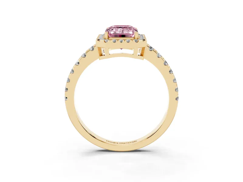 Fancy Pink Emerald Cut Diamond Halo Ring Set in Yellow gold with Delicate Pavé Band and Prong Setting