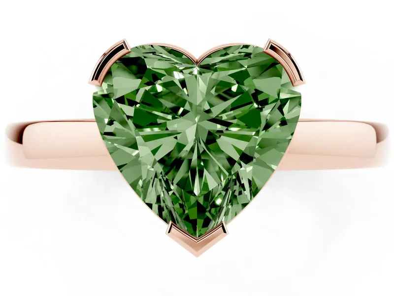 Fancy Green Heart Cut Diamond Solitaire Ring Set in Rose gold with Prong Head and Smooth Polished Band
