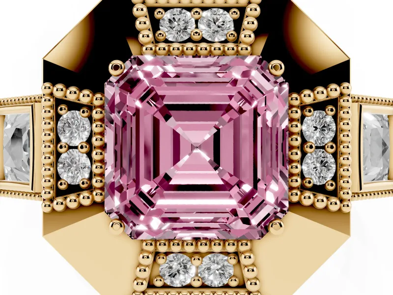 Fancy Pink Asscher Cut Diamond Milgrain Halo Ring Set in Yellow gold with Split Shank