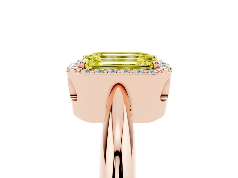 Emerald Cut Halo Engagement Ring Setting for a Fancy Yellow Lab-Grown Diamond | Plain Tapered Band | Rose Gold