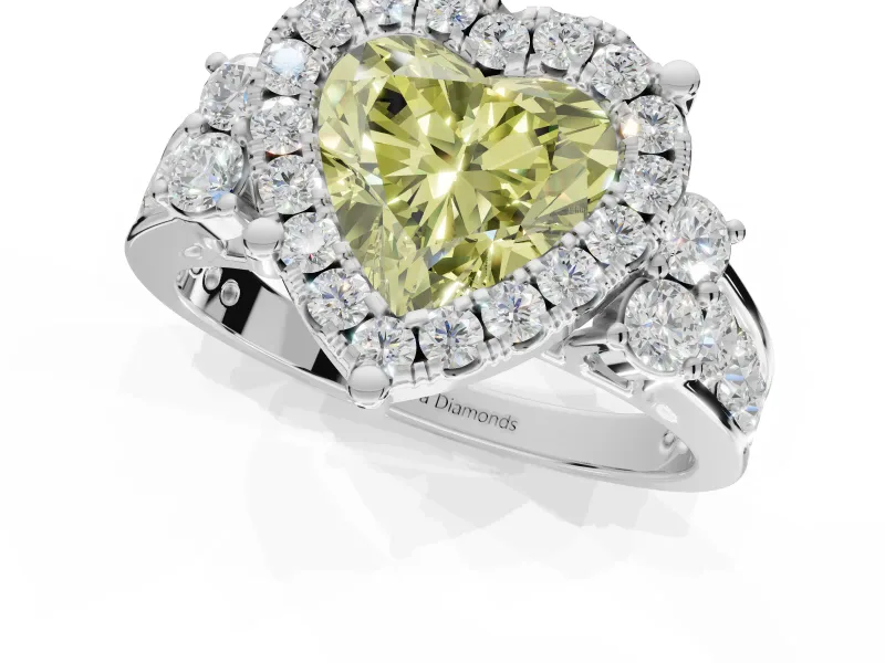 Heart-Shaped Halo Engagement Ring Setting for a Fancy Yellow Lab-Grown Diamond | Side Clusters | Sterling Silver