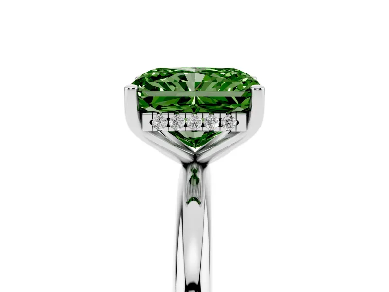 Fancy Green Radiant Cut Diamond Solitaire Engagement Ring Set in White gold with Prong Setting and Polished Band