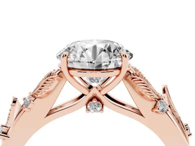 Round Leaf Motif Solitaire Engagement Ring Setting | Accented Leaves | Rose Gold