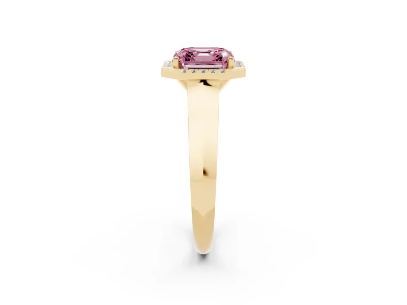 Fancy Pink Asscher Cut Diamond Halo Ring Set in Yellow gold with Cathedral Band and Prong Setting