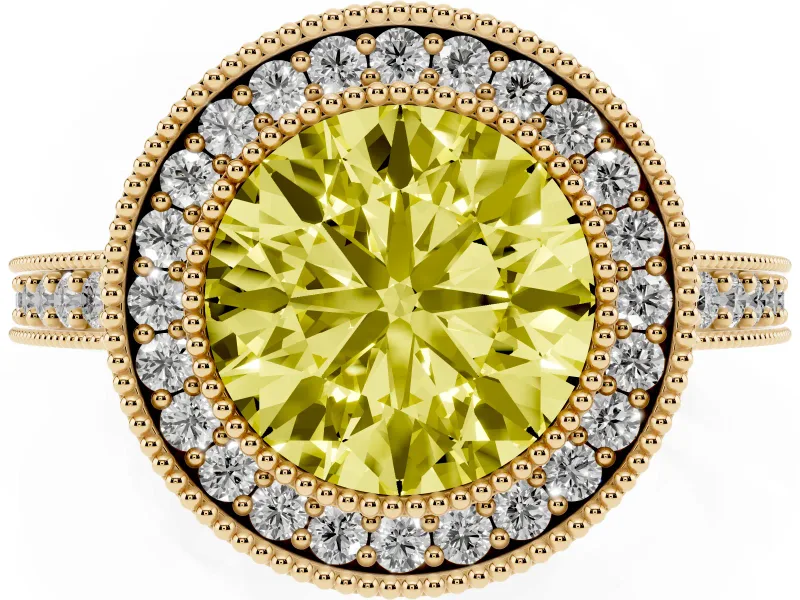 Fancy Yellow Round Cut Diamond Halo Engagement Ring Set in Yellow gold with Pavé Band and Round Halo Stones