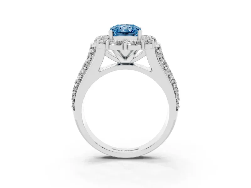 Fancy Blue Radiant Cut Diamond Halo Engagement Ring Set in White gold with Split Shank and Prong Setting