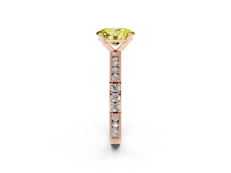 Fancy Yellow Oval Cut Diamond Solitaire Ring Set in Rose gold with Slim Pavé Band and Prong Setting