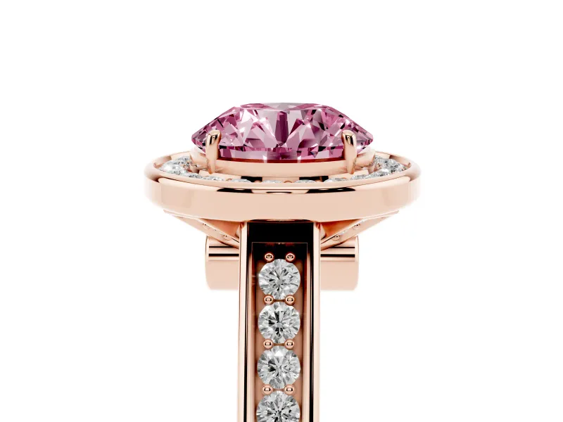 Fancy Pink Round Cut Diamond Halo Solitaire Ring Set in Rose gold with Pavé Band and Bezel Setting