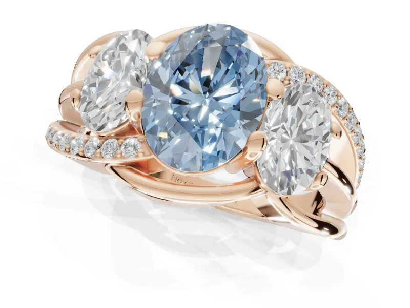 Oval Three Stone Split Shank Engagement Ring Setting for a Fancy Blue Lab-Grown Diamond | Matching Sides | Rose Gold