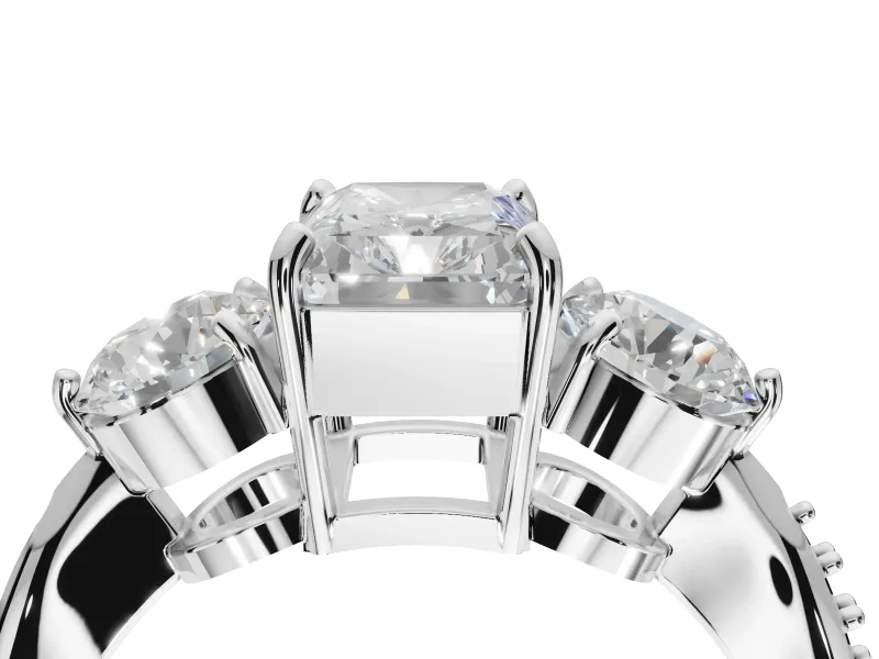 Radiant Cut Three Stone Engagement Ring Setting | Tapered Pave Band | White Gold