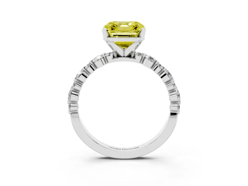 Fancy Yellow Asscher Cut Diamond Prong Set Engagement Ring Set in White gold with Round Accent Pavé Band