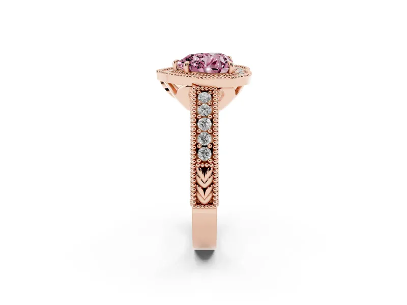 Fancy Pink Heart Cut Diamond Halo Ring Set in Rose gold with Round Accent Halo, Pavé Band and Prong Setting
