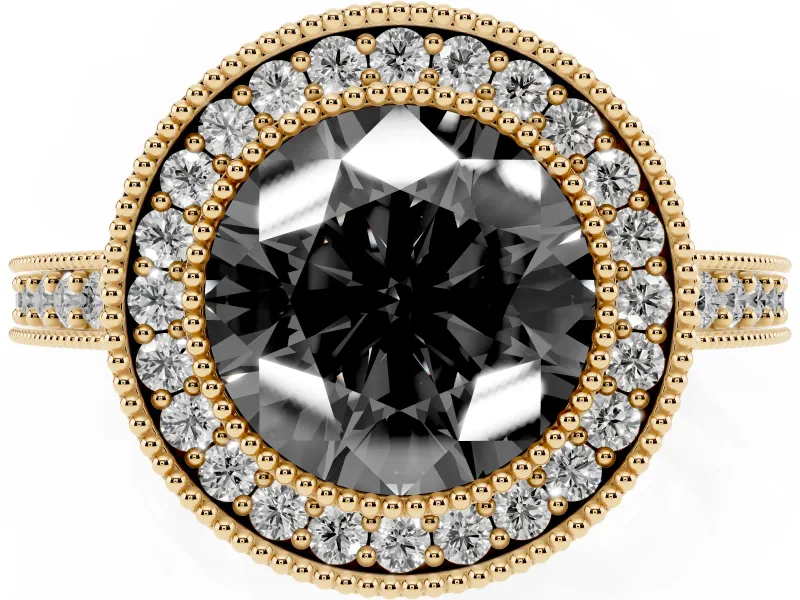 Fancy Black Round Cut Diamond Halo Engagement Ring Set in Yellow gold with Pavé Band and Round Halo Stones