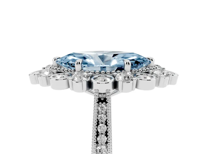 Fancy Blue Marquise Cut Diamond Halo Milgrain Pavé Ring Set in Silver with Prong Setting