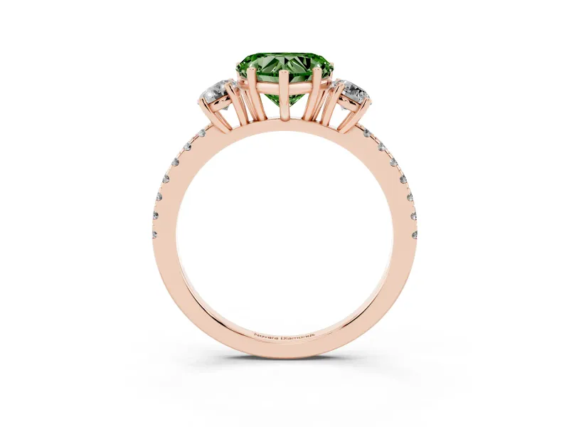 Fancy Green Heart Cut Diamond Three-Stone Ring Set in Rose gold with Pavé Band and Graduated Sides