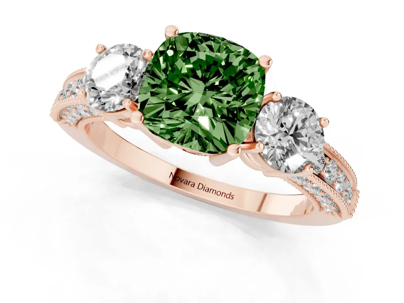Cushion Cut Three Stone Engagement Ring Setting for a Fancy Green Lab-Grown Diamond | Graduated Pave Band | Rose Gold